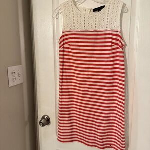 Tommy Hilfiger Red White Striped Eyelet Yoke Sleeveless Shift Dress
